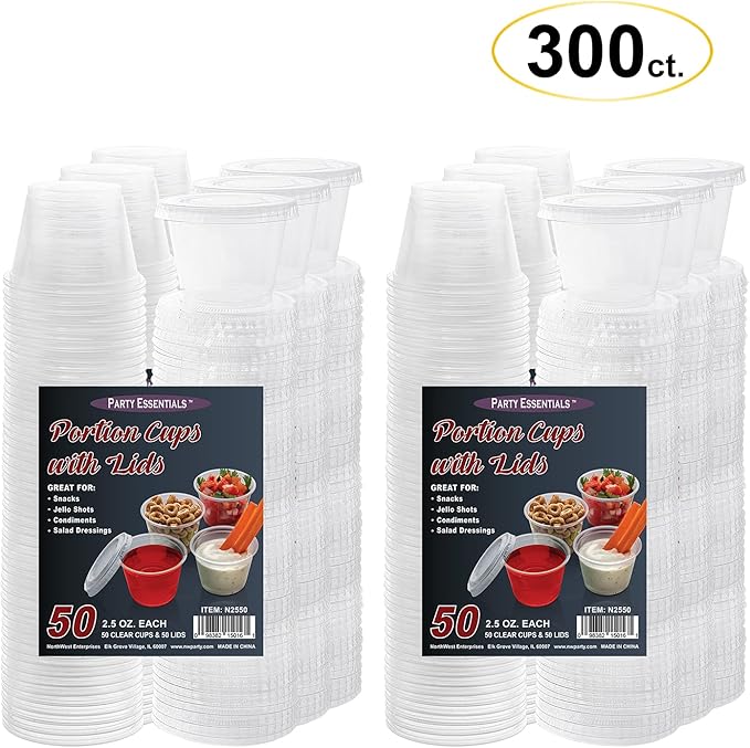 Party Essentials Squeezable Plastic Gelatin/Jello Shot Glasses/Portion Souffle Cups/Condiment Sauce Containers with Lids, 300 Sets, 2.5 oz. Clear