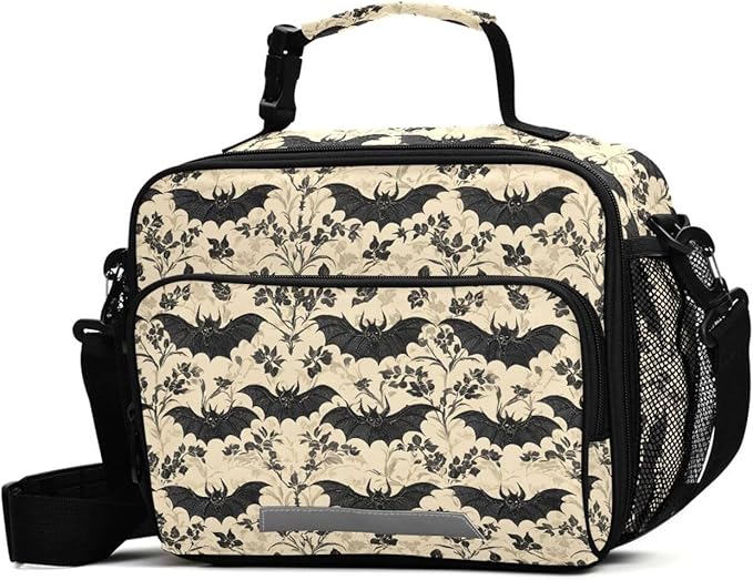 MNSRUU Student Lunch Bag Bats and Flowers Vintage Insulated DinnerTotes Picnic Bag Lunch Box with Adjustable Shoulder Strap for Teen Kids Adults