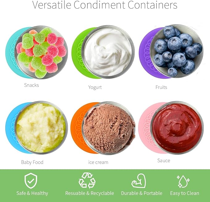 10 Pcs 2.5 oz Salad Dressing Container To Go, Stainless Steel Condiment Containers Cups with Silicone Lids, Leakproof & Reusable Sauce Containers for Snacks, Dipping Sauce,Ice Cream