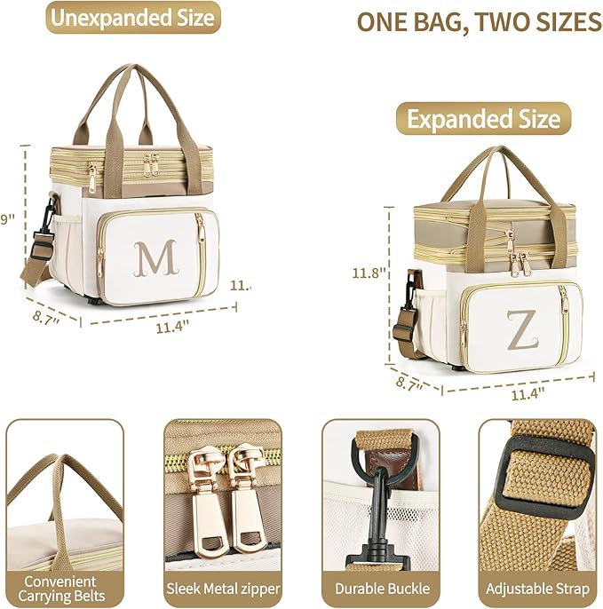 LOKASS Personalized Lunch Bag for Women Work, 16L Initial Insulated Lunch box for Adult/Womens Gift, Leakproof Personalized Gift Lunchbag with Adjustable Shoulder Strap, Cooler Bag Beige - D