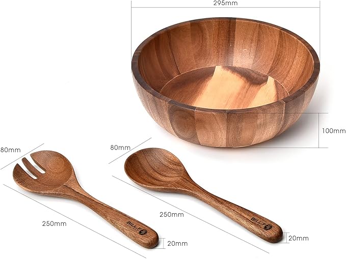 BILL.F Wooden Salad Bowl, 12'' Acacia Wood Salad Bowls Set Large Salad Mixing Bowl with Servers-3-Piece Big Salad Bowl Set