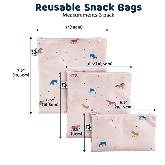 Tiny Twinkle 3 Pack Reusable Snack Bags - Machine Washable, PFAS, PVC, BPA, Phthalate-Free Reusable Baby and Toddler Food Safe Snack Bags (Unicorn)