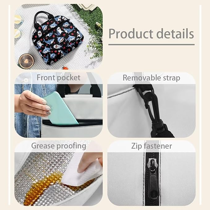 Showudesigns Strawberry Shark Lunch Bag for Women Lunch Box Containers Reusable Lunch Tote Bags for Girls Kids Food Cooler Bag With Front Zipper Pockets Thermal Meal Tote Kit Blue