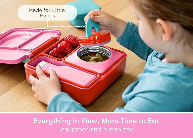 OmieBox Bento Box for Kids - Insulated with Leak Proof Thermos Food Jar - 3 Compartments, Two Temperature Zones (Single) (Packaging May Vary)