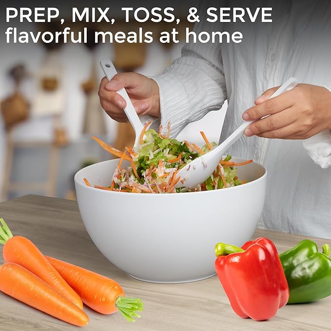 10" Large Salad Bowl with Sealed Lid & Serving Utensils,135Oz, White Big Bamboo Fiber Salad Serving Bowl with Servers for Mixing/Serving (Silicone Light Green Lid)