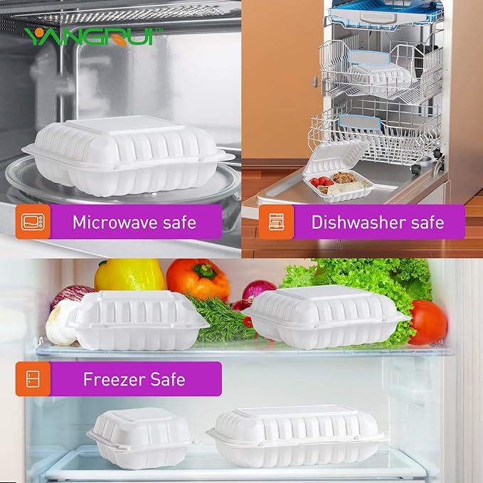 YANGRUI Clamshell Food Containers, 65 Pack 7.8 Inch BPA Free Reusable To Go Container 30 oz Shrink Wrap 3 Compartment Freezer and Microwave Safe MFPP Take Out Boxes