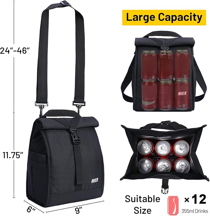 MIER Insulated Lunch Bag Roll Top Lunchbox for Women Men Adults Foldable Rolltop Lunch Tote with Shoulder Strap for Work Office Picnic, Water Bottle Holder, Black