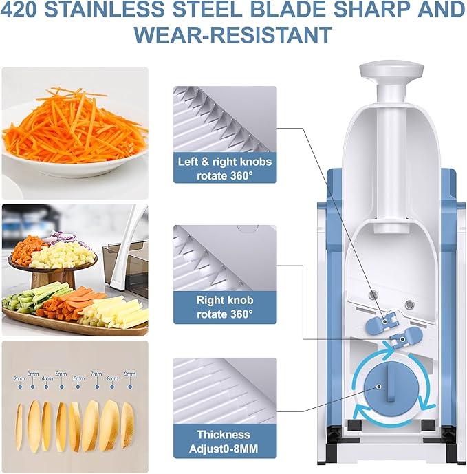 5 in 1 Safe Mandoline Slicer for Kitchen, Safe Vegetable Chopper with Paring Knife, Adjustable Thickness, Easy to Clean, Vegetable Slicer, Slicing, Strips, Shredding, Dicing, Chop (Haze Bluen)