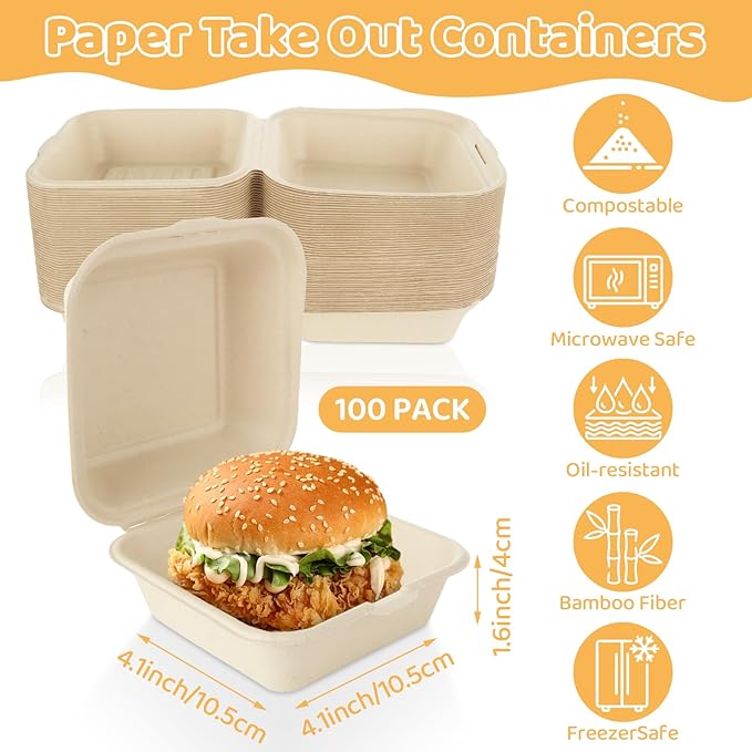 CYEAH 100 Pack Compostable Square Hinged Container, 5 X 5 Disposable Square Small Lunch Box Takeout Containers with Lid, Single Compartment Clamshell Takeout Box for Burger, Sandwiches, Salad