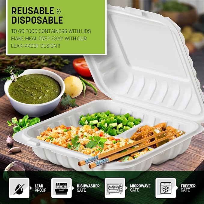 8X8X3 3-Compartment 50 Pcs Plastic Clamshell Takeout Food Trays Heavy Duty Disposable Box For Pasta Salad Sandwich Meal Prep Packaging Catering Hinged Containers With Secure Snap Lid
