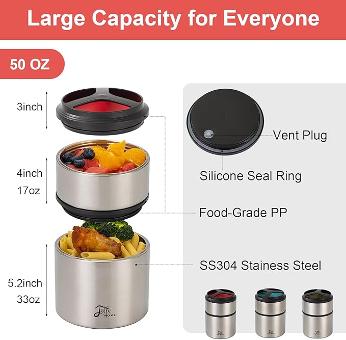 Lille Home 1500ml Thermos Food Flask, Vacuum Insulated Stackable Stainless Steel Thermal Lunch/Snack Box, 2-Tier Bento/Food Container with Lunch Bag (Red)