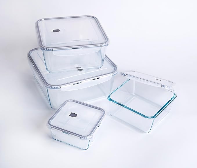 Extra Large Glass Storage Containers with Lids, Set-8-Piece Lunch Containers, Ideal for Storing Food, Vegetables, Fruits, Baking Cake & lot of other Tasty Food (Square)
