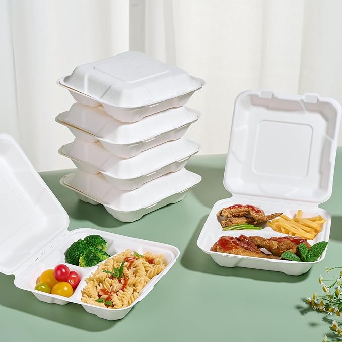 JOLLY CHEF Clamshell Take Out Food Containers, 8 * 8" 50-Pack, 3-Compartment To Go Boxes, Disposable Paper, Sugarcane for Salad, Lunch