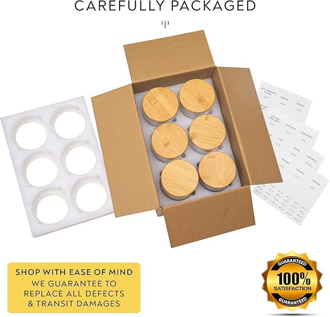 Laramaid Glass Jar Set (2x22oz/2x35oz/2x45oz) Set of 6 with 160 Minimalist Pantry Labels, Round Canister Jars with Bamboo Lids and Transparent Customized Sticker Labels, Food Storage Containers