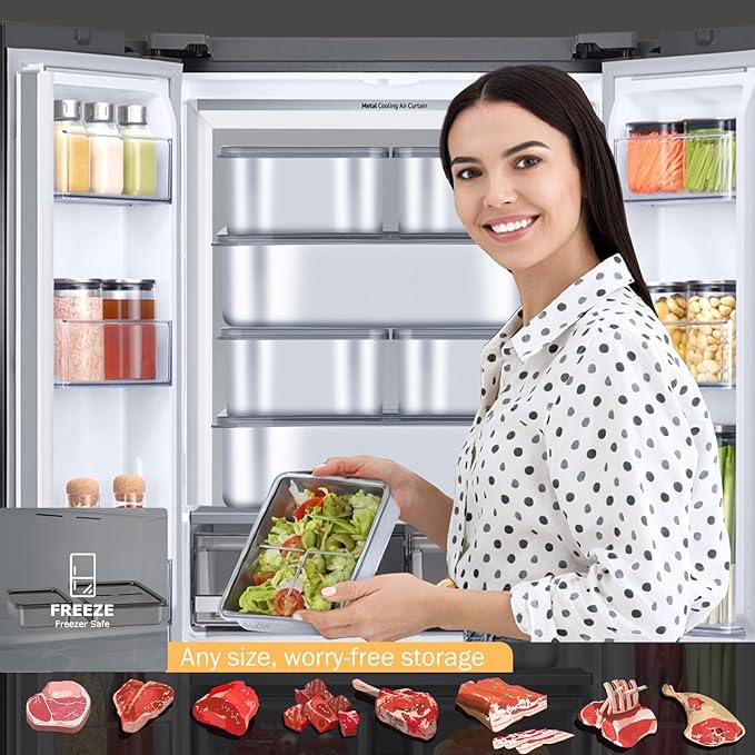 3 Pack Deepen Bacon Storage Containers for Fridge, 304 Stainless Steel Food Storage Container With Removable Drain Tray, Deli Meat Containers with Lids, Dishwasher Safe, Keeps Fruits, Vegetables Fresh