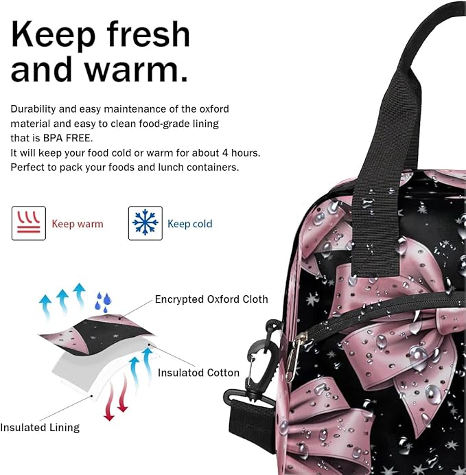 Pink Bow Insulated Lunch Bag for Women Men Reusable Waterproof Lunch Box Cooler Tote Bag One shoulder portable meal bag Portable Adult Lunchbox for Work Picnic Hiking Beach