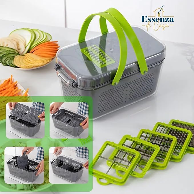 Vegetable Chopper 12-in-1 – Multifunctional Veggie Slicer Cutter Dicer with Container, Hand Guard & Draining Basket – Grey Food Chopper for Fast, Safe & Precise Vegetable Prep
