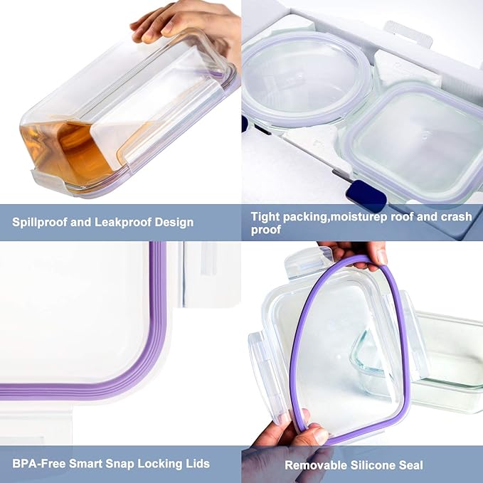 Bayco Glass Storage Containers with Lids, 9 Sets Meal Prep Container Airtight, Glass Food Storage Containers, Container Sets for Food Storage with Lids - (Purple)