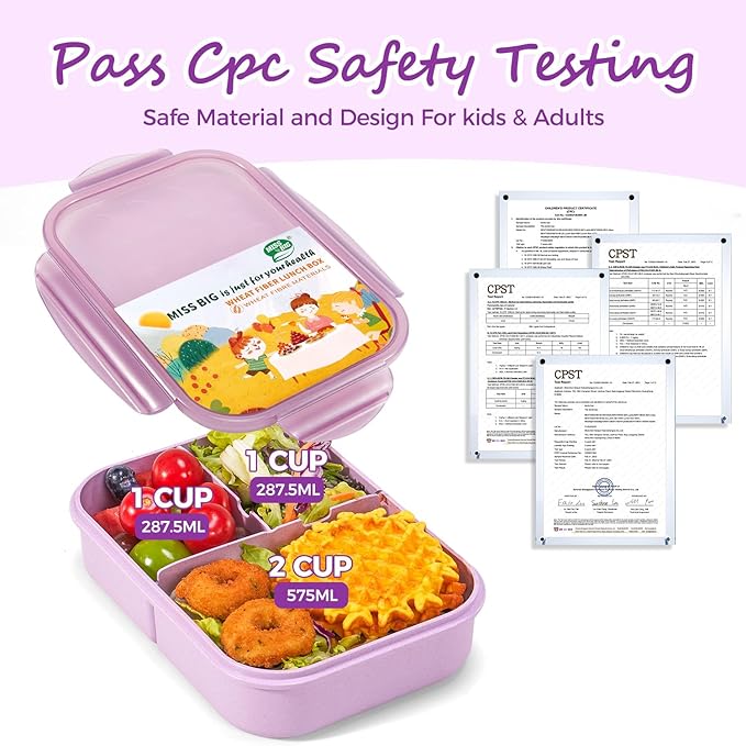 MISS BIG Lunch Box Kids,Ideal Leak Proof Lunch Containers, Mom’s Choice No BPAs and No Chemical Dyes Bento Box for Kids,Microwave and Dishwasher Safe Lunch Box (Purple M)