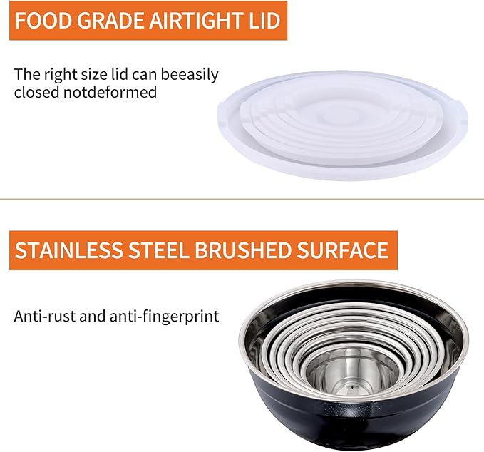Black Mixing Bowls With Airtight Lids,Stainless Steel Bowl,Salad Bowls 7 Piece Colorful Nesting Bowl Rainbow Kitchen Accessories,Size 7,3.6,2.7,2.1,1.5,1.1,0.8QT Stackable Design