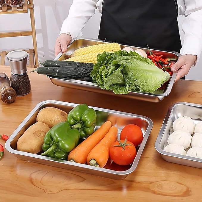 Breading Trays Set of 3 Stainless Steel Breading Pans for Dredging Chicken Breasts and Marinating Meat, Food Prep Trays (12.4" x 8.5" x 1.9")