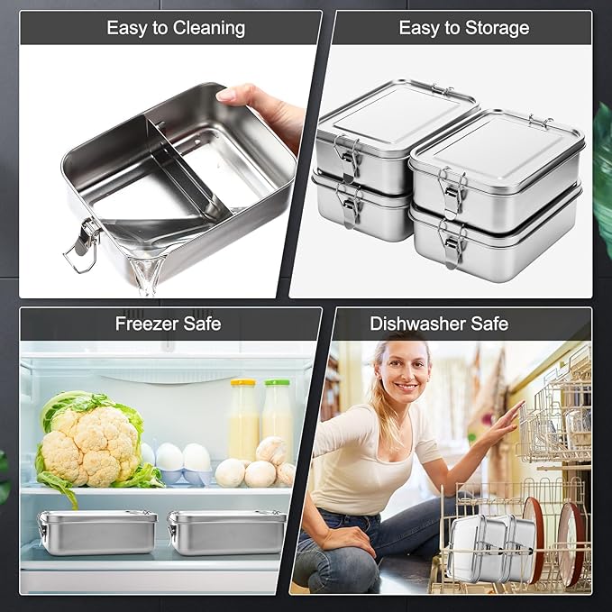Umigy 8 Pcs Stainless Steel Food Containers Metal Bento Lunch Box Stainless Steel Food Storage Containers, Lockable Clips to Leak Proof, Reusable Dishwasher Snack Boxes for Work, Picnic (1200ml)