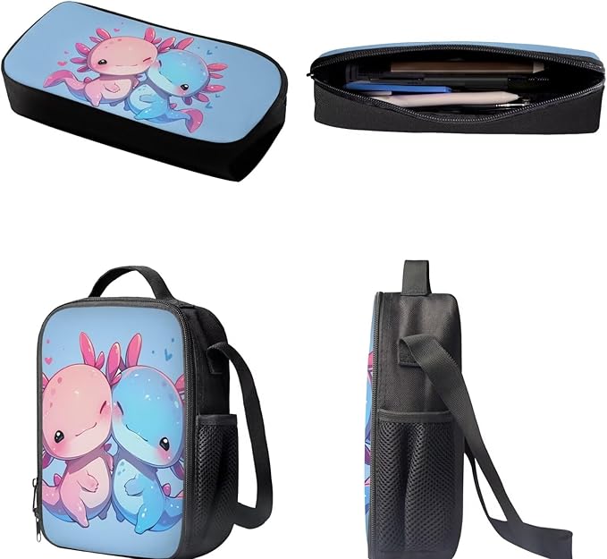 Dolyues Couple Axolotl 3-Piece Backpack Set for School - Includes Travel Backpack, Lunch Box & Pencil Case - Perfect for Middle School, Preschool & Kindergarten