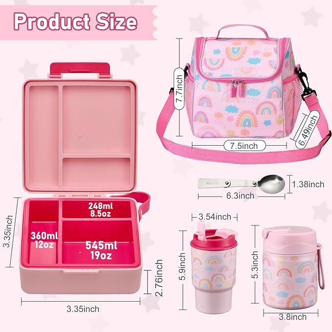 Bento Lunch Box for Kids with 17oz Soup Thermo,Insulated Tumbler Water Bottle and Insulated Lunch Bag,Leak-Proof 3 Compartment Lunch Food Container with with Ice Pack for Kids to School-Rainbow