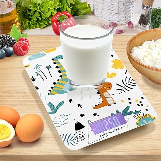 Food Scale Kitchen Digital Scale Food Ounces and Grams Dieting Baking Cooking Waterproof Glass Panels LCD Display,4 Units Scale Tare Function Cute Dinosaur