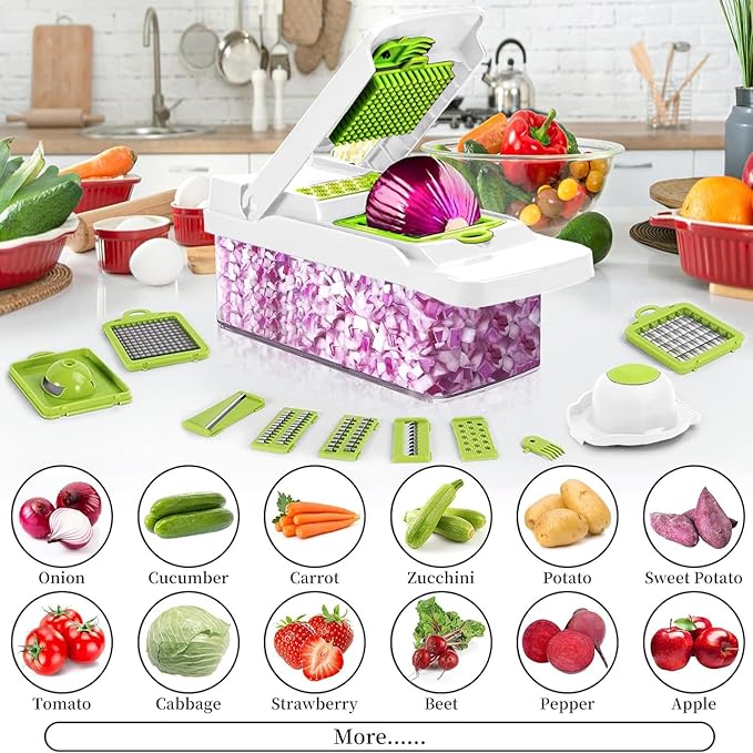 Vegetable Chopper,Food Chopper,Pro 12 in1 Multifunctional Onion Veggie Chopper,Vegetable Chopper With Container,Vegetable Slicer Dicer Cutter,Mandoline Slicer,Salad,Garlic (White)
