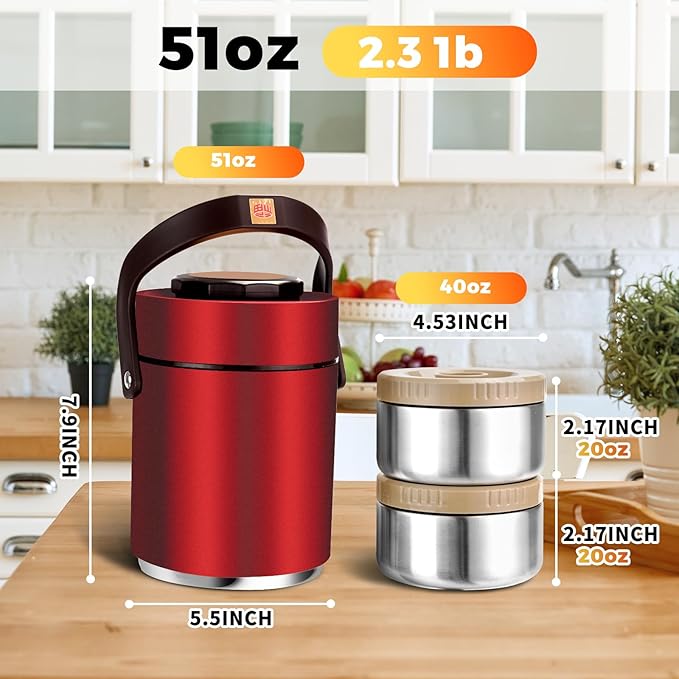 51 oz Adults Stainless Steel Vacuum Insulated Wide Mouth Soup Food Hot Food Jar with Keep Thermal Portable 2 Tier Stackable Bento Hot Food Containers Lunch Boxes (51 oz Red)