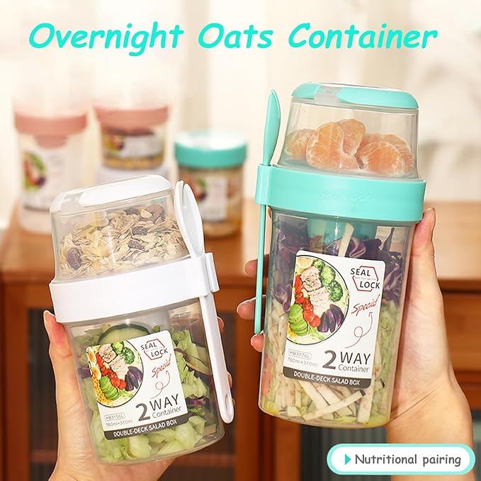 2 Pack Reusable Leak-Proof Overnight Oats Container with Dual-Layer Compartment, Built-in Dipping Box, with Spoon & Airtight Lids, Meal Prep Jar for Yogurt Parfait, Chia Pudding (Pink)
