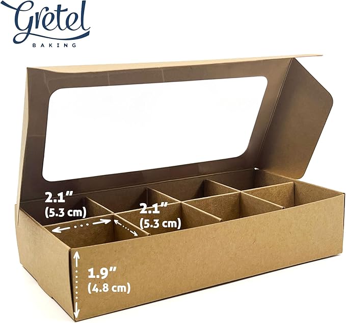 Treat boxes with window and dividers | 8 SMALL compartments | 8.75 x 4.5 x 1.9 in | Chocolate covered strawberries supplies, macaron boxes, baked goods packaging | 10-pack (Kraft)