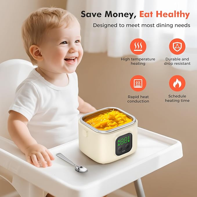 Electric Lunch Box for Kids & Adults - 14000mAh Battery-Powered, Self-Heating Food Warmer with Type-C Rechargeable, 27oz/800ml Portable Heated Lunch Box for Office, School, Camping, Diet Meals