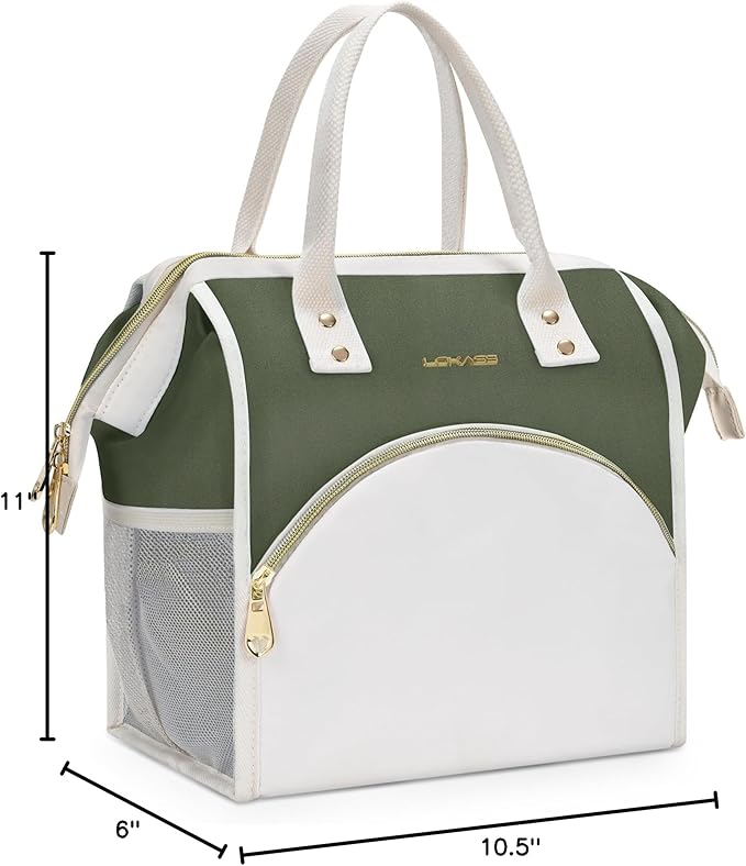 LOKASS Lunch Bag Women Insulated Lunch Box, Wide-Open Lunch Tote Bag Leak-proof Cooler Bag for Work Picnic-(Army Green)