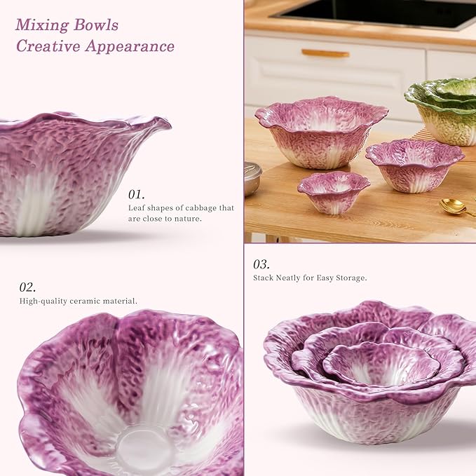KXZ Ceramic Mixing Bowls Set, Nesting Bowls Set of 3 For Kitchen - 60oz, 16oz, 5oz Prep Serving Bowl Set for Entertaining, Baking and Mixing Salad, purple