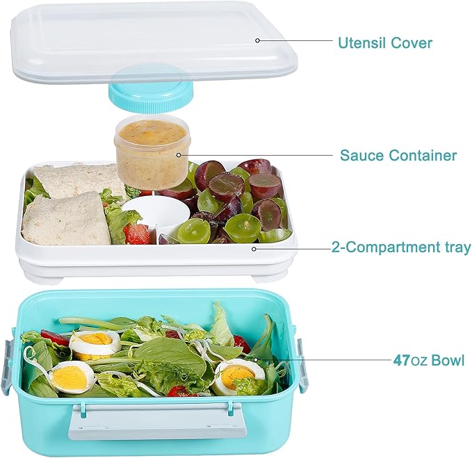 3 Pack Salad Lunch Box Food Storage Containers, 47oz Bento Box To Go Container with Lids, Meal Prep Containers with Removable Tray & Dressing Pots for Kids and Adults, Reusable and Microwave Safe