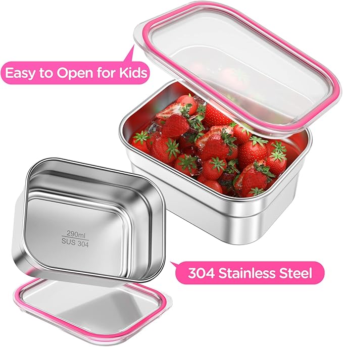 DaCool Stainless Steel Lunch Box Bento for Kids Adults Leakproof BPA-Free Metal Lunch Containers Tray 5-Compartment with Fork for Girls Food Snack Containers for School Outdoors, Pink