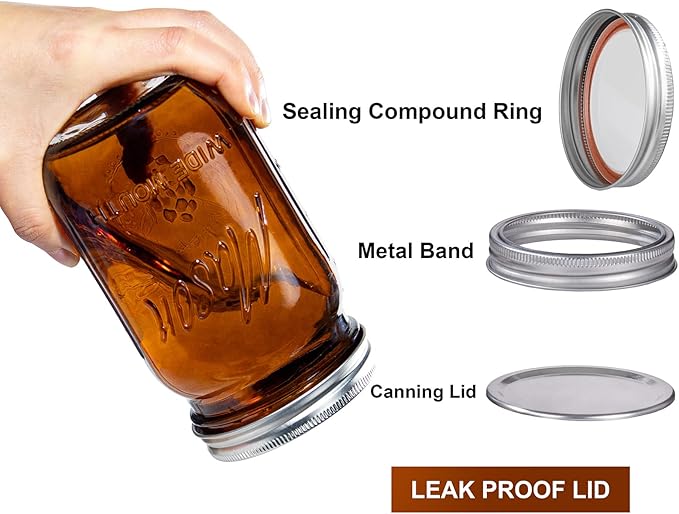 WELLIFE Amber Mason Jars, 12 Pack wide mouth mason jars for Pickling, Canning, Fermenting and Food Storage, Microwave & Dishwasher Safe