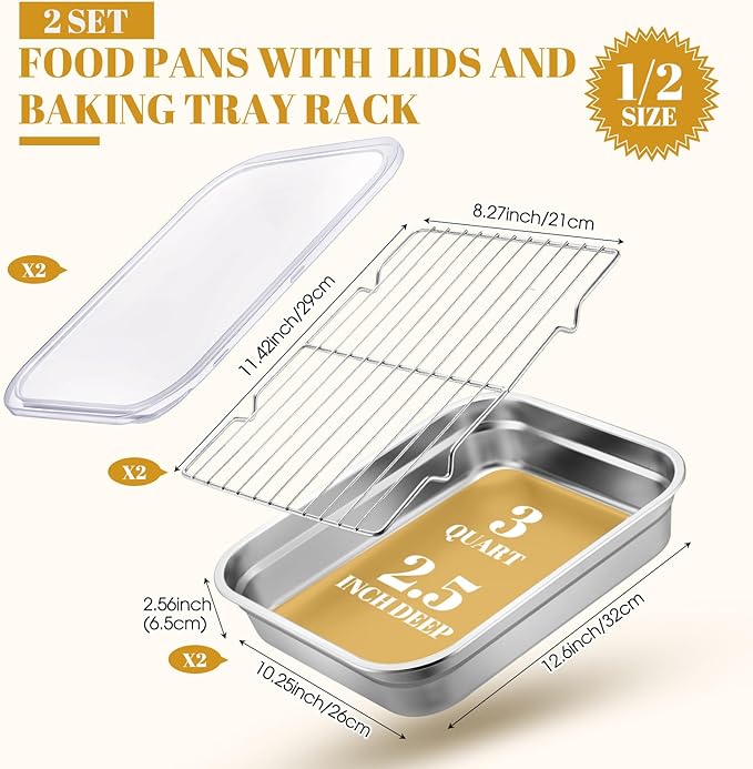Stainless Steel Food Prep Container with Clear Lid and Rack Half Size Hotel Pans Steel Tray with Lid Fruit Storage Containers for Home Kitchen Restaurant Hotel, 32 x 26 cm(2.6 Inch)