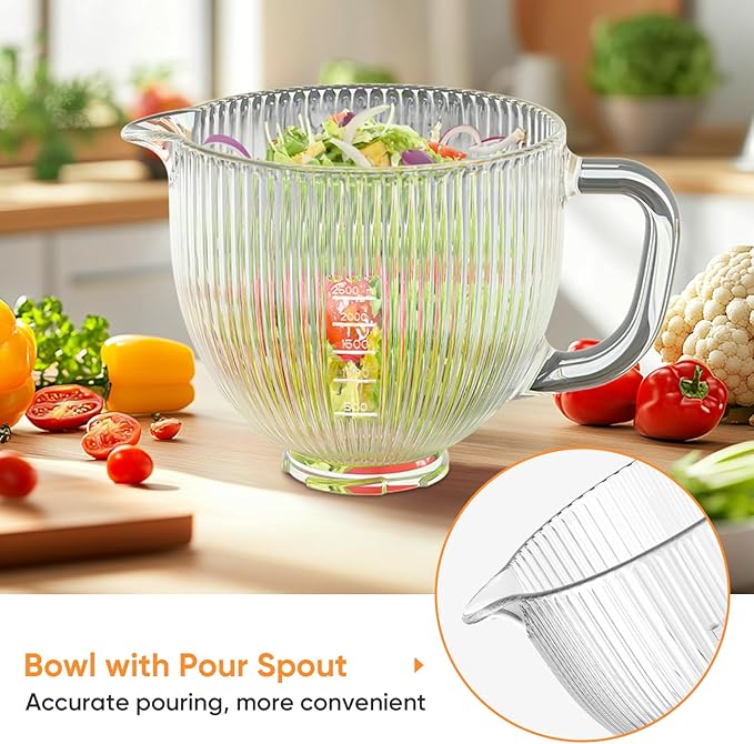 Cofun Glass Mixer Bowl For Kitchenaid Tilt-Head Stand Mixers 4.5-5 Quart, 5 qt Mixing Bowl Replacement For Kitchen aid With Measurement Markings,Handle