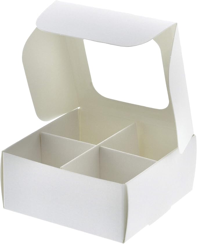 Treat boxes with window and dividers | 4 X-SMALL compartments | 3.5 x 3.5 x 1.57 in | Empty candy boxes for gift giving, truffle box - perfect for Valentine's Day | 20-pack (White)