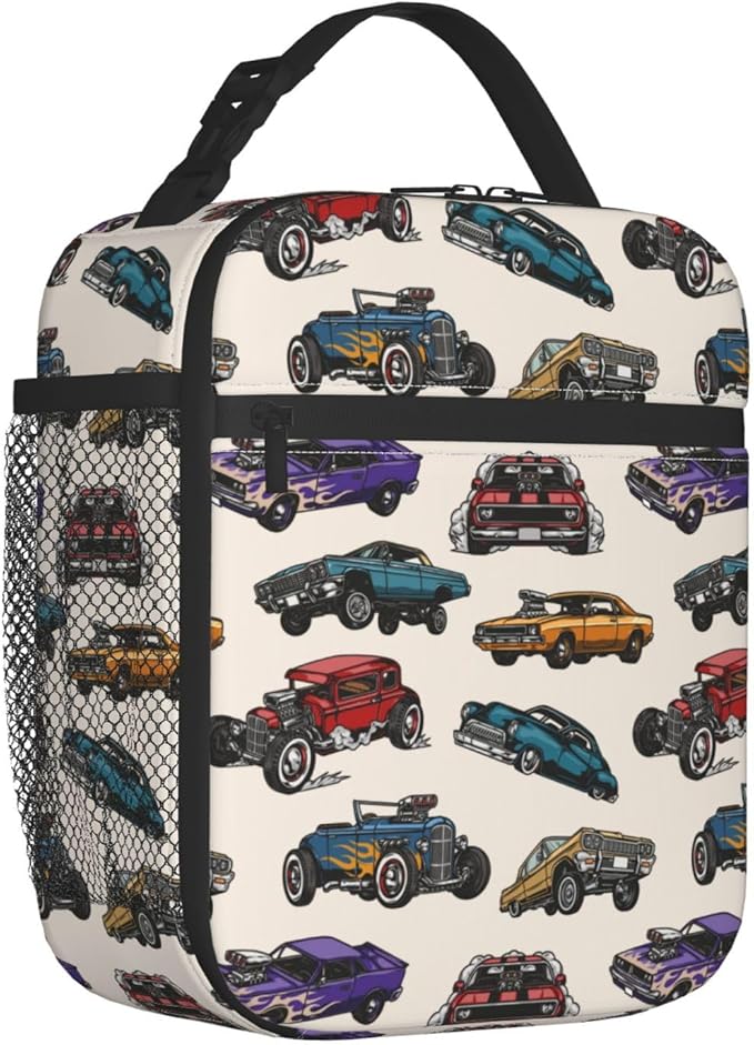 Insulated Lunch Box for Toddler Boys Kids Cars Lunch Box for Work,Picnic,School,Travel,Hiking,Beach or Fishing Polyester Cars Vintage Colorful Theme Lunch Bag