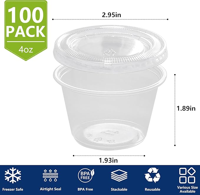 4oz Crystal Jello Shot Cups with Lids 100 Set, Airtight & Freezer Safe Small Meal Prep Plastic Portion Cups for Salad Dessert Condiment Sauce Souffle, Food Storage Cups for Lunch Party Trips