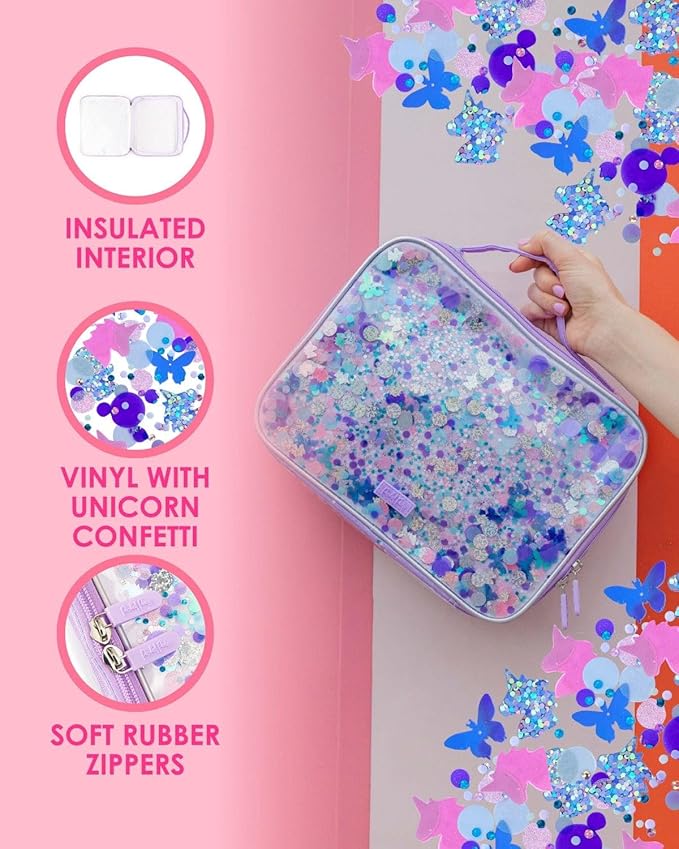 Packed Party Purple Confetti Lunchbox; Cute, Soft Insulated Lunch Bag; Lunch Box Cooler Fits a Water Bottle, Ice Packs for Cold Food, or Hot Food (Purple - Party Like a Unicorn)