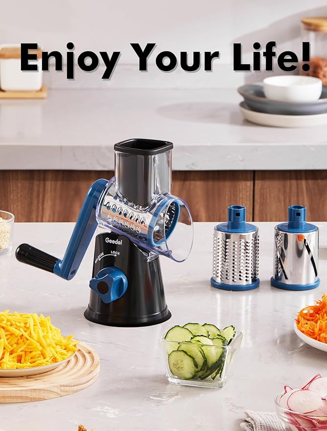 Geedel Rotary Cheese Grater, Kitchen Mandoline Vegetable Slicer with 3 Interchangeable Blades, Easy to Clean Rotary Grater Slicer for Fruit, Vegetables, Nuts, Black