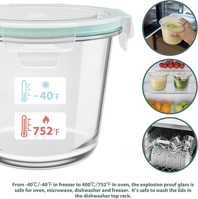 12 PCS Glass Meal Prep Containers with Lids, Airtight 3 Cup Glass Storage Containers Set, Heat-Resistant BPA-Free Glass Containers for Soup, Leftover, Microwave, Dishwasher, and Freezer Safe (6 Packs)