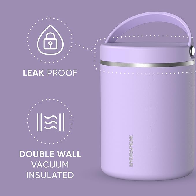 Hydrapeak 32oz Stainless Steel Vacuum Insulated Thermos Food Jar | Thermos for Hot Food and Cold Food, Wide Mouth Leak-Proof Soup Thermos for Adults, 10 Hours Hot and 16 Hours Cold (Lavender)
