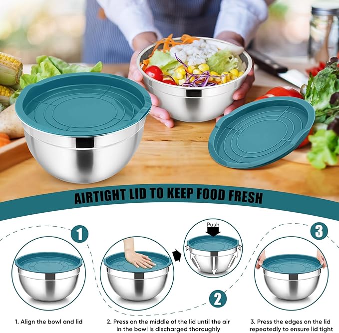 P&P CHEF Mixing Bowl with Lid Set of 5, 10-Piece Stainless Steel Nesting Salad Bowl Set for Prepping, Mixing and Serving, Size 4.6, 3, 1.5, 1, 0.7 QT, Rimmed Edges & Flat Base, Blue