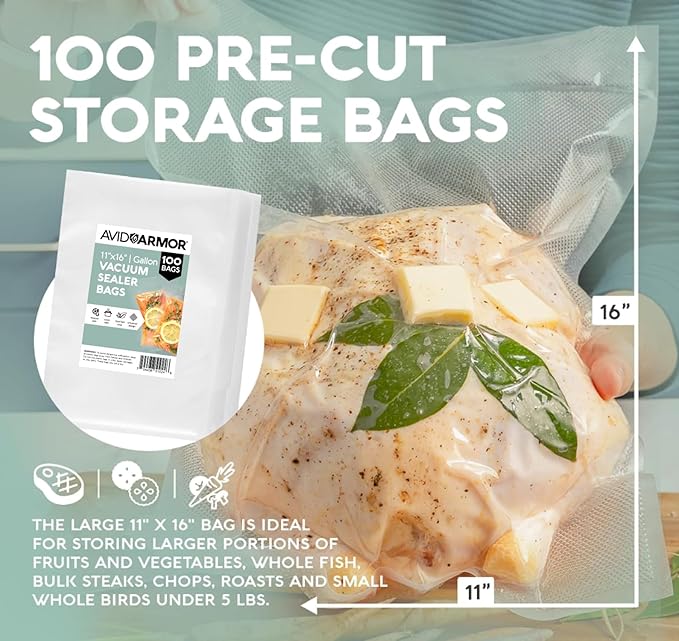 Avid Armor Vacuum Sealer Bags 100 Gallon 11"x16" for Food Saver, Seal a Meal Vac Sealers BPA Free, Heavy Duty Commercial Grade, Mea Prep and Sous Vide Vaccume Safe, Universal Design Pre-Cut Bag